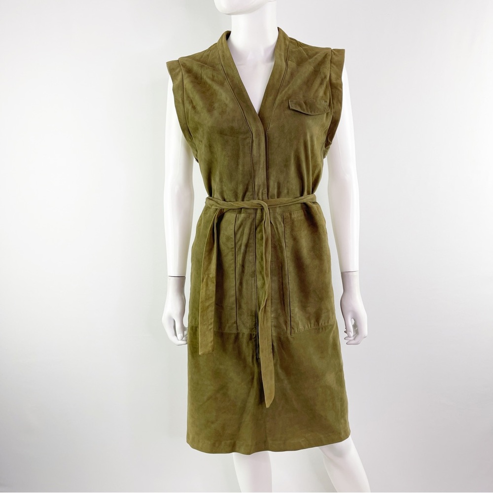SET Green Sleeveless Button Up Belted Midi Dress 100% Nubuck Leather Size 6